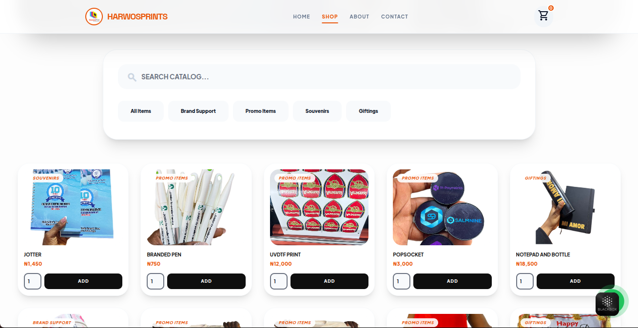 Harwosprints shop page